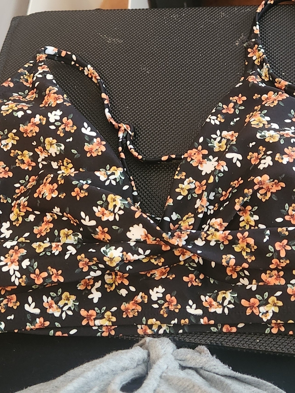 Floral Twist Bralette Bikini Top- Black with Orange Floral